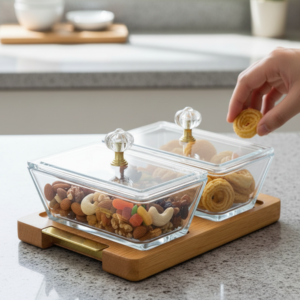 duodelight wooden base server with covered dishes by limon